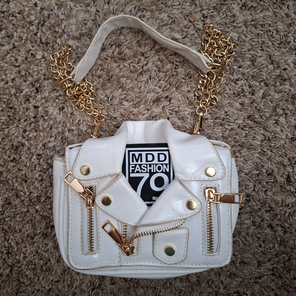 White Faux Leather Moto Jacket Crossbody Bag by MDD Fashion 79